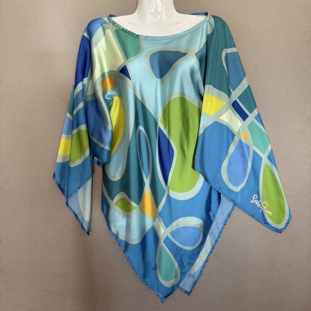Lesley Evers Top Small Colorful Flowy Artsy Tunic Blouse Abstract Lagenlook Geo